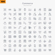 © zaurrahimov - 100 commerce outline icons set such as checke, front store with awning, online store cart, add to cart, take out from the cart, eco label, full money bag, shopping store