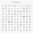© zaurrahimov - 100 entertainment outline icons set such as carousel horse, gold ticket, hopscotch, bottles ball, shoot duck, swan boat, sandbox, spinning wheel