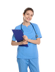 Wall Mural - Portrait of medical doctor with clipboard and stethoscope isolated on white