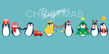 Christmas Penguin Characters. Penguins Cartoon Vector Illustration. 