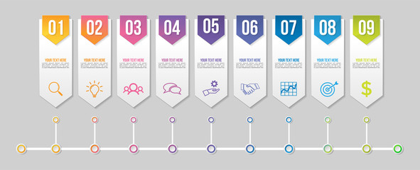 Poster - Timeline Infographic Design Template with 9 Options Steps. Start to goal line process. Used for info graph, presentations, process, diagrams, annual reports, workflow layout. Vector Illustration
