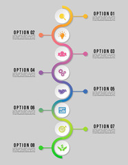 Poster - Timeline Infographic Design Template with 8 Options Steps. Start to goal line process. Used for info graph, presentations, process, diagrams, annual reports, workflow layout. Vector Illustration