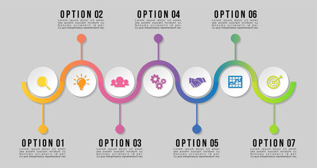 Poster - Timeline Infographic Design Template with 7 Options Steps. Start to goal line process. Used for info graph, presentations, process, diagrams, annual reports, workflow layout. Vector Illustration