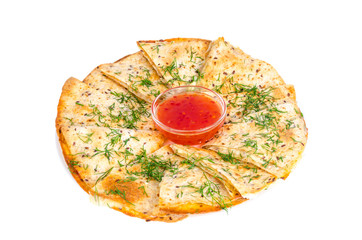 Wall Mural - Grilled pita, focaccia with cheese and herbs, sauce.