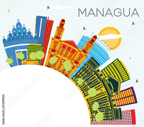 Cuadros en Lienzo Managua Nicaragua Skyline with Color Buildings, Blue Sky and Copy Space