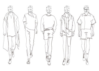 Stylish handsome mans in fashion clothes. Hand drawn beautiful young mens. Stylish mens. Fashion mens sketch. Fashion men model.