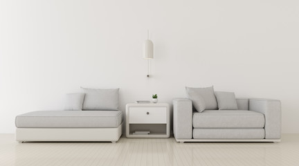 Poster - View of living room in minimal style with sofa and small side table on wood laminate floor.Perspective of interior design. 3d rendering.	