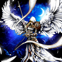 A Young Angel Girl With A Sword And Beautiful Bright Wings Soars In The Magical Night Sky