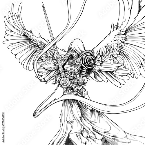 Young Angel Girl With Sword And Lovely Bright Wings On White