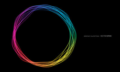 Poster - Vector abstract circles lines round frame colorful rainbow isolated on black background with empty space for text