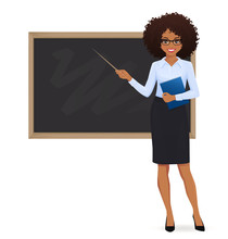 Female Teacher At Blackboard With Copy Space Showing Something Using Pointer Stick Isolated Vector Illustration