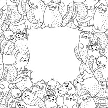 Black And White Frame With Cute Cats. Background For Lettering In Coloring Page Style