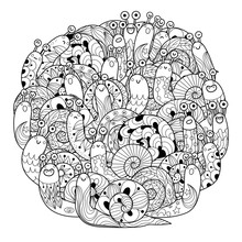 Funny Snails Circle Shape Coloring Page For Adults And Kids
