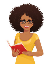 Smiling Beatiful Woman With Afro Hairstyle Holding Book Isolated Vector Illustration