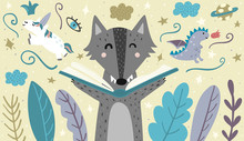 Banner With A Cute Wolf Reading A Fairytale