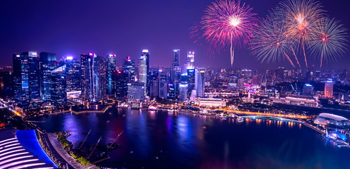 Wall Mural - Singapore cityscape night light with firework 1