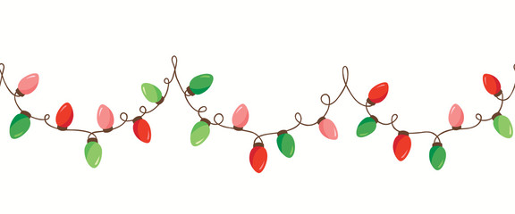 Vector Red Green Holiday Christmas New Year Intertwined String Lights Isolated Horizontal Seamless Border Background