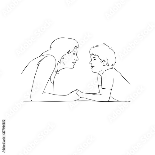 Vector Illustration Of A Woman Talking To A Boy Mom Holding Her