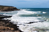 Fototapeta Morze - Praia das Maçãs in Portugal - view of a beautiful beach and rocky coastline with large waves on a sunny summer day