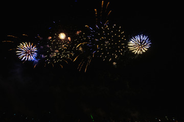 Real Fireworks footage 4k video on Deep Black Background Sky on Futuristic Fireworks festival show before independence day on 4 of July