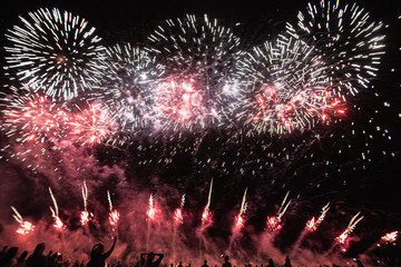 Real Fireworks footage 4k video on Deep Black Background Sky on Futuristic Fireworks festival show before independence day on 4 of July