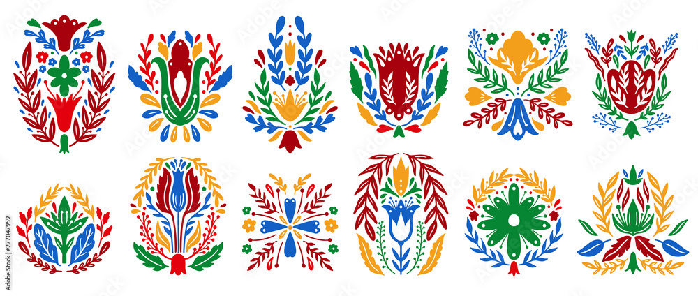 Traditional folk ornament set elements. Decoration ethno design,floral national symbol. - obrazy, fototapety, plakaty 