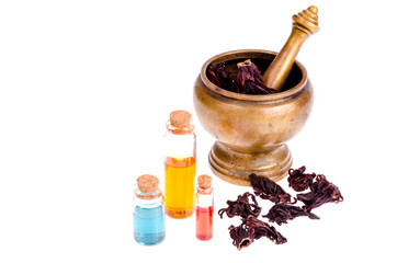 Poster - Massage oil in bottles from dried raw materials, flowers for aromatherapy and complete relaxation.