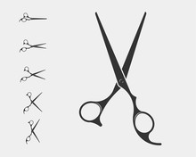 Set Hair Cut Scissor Icon. Scissors Vector Design Element Or Logo Template. Black And White Silhouette Isolated.