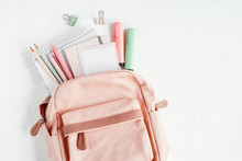 Backpack With School Supplies And Books For Study. Back To School Concept. Flat Lay, Top View