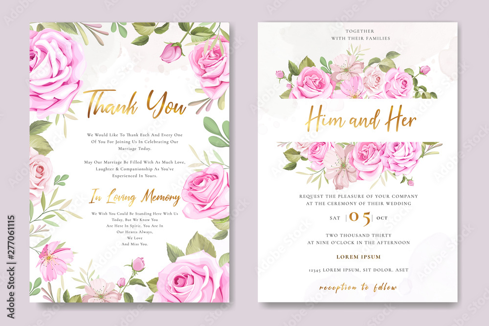 beautiful wedding invitation card with elegant floral and leaves template - obrazy, fototapety, plakaty 