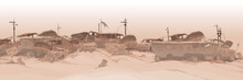 Monochrome Panoramic Background Of A Dump Of Various Car Remains