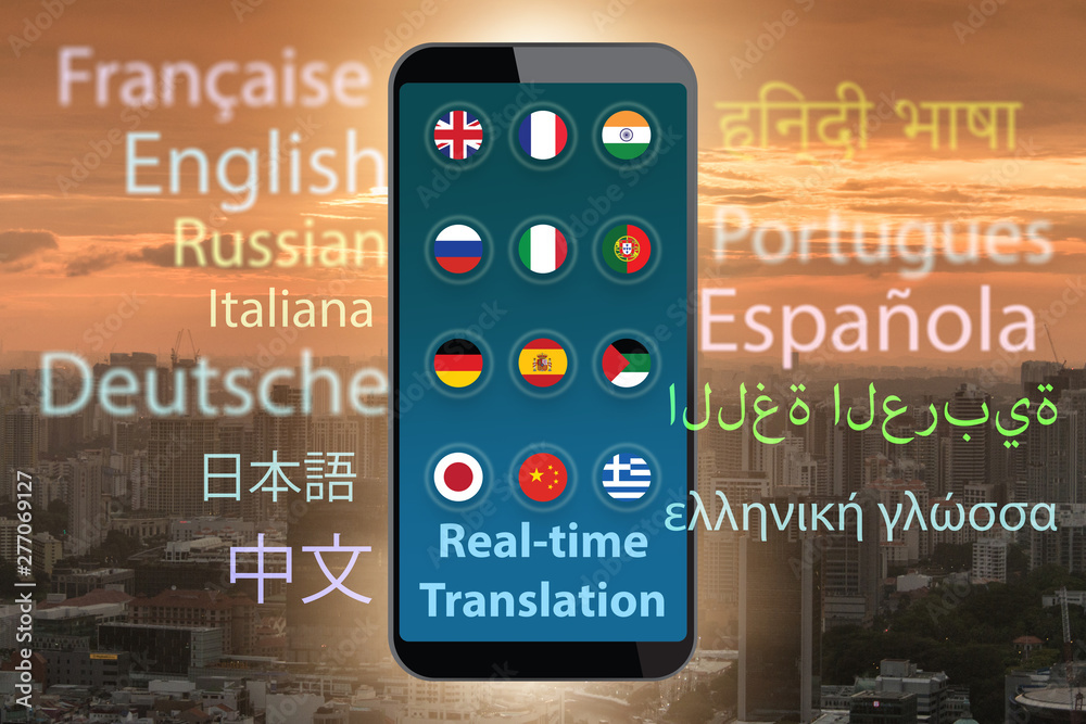Foto Concept of real time translation with smartphone app - 3d render