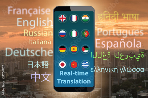 Photographie Concept of real time translation with smartphone app - 3d render