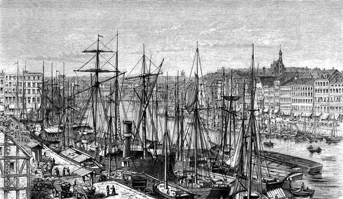 Stampa su Tela  Panoramic view of Stettin (now Szczecin, Poland) harbor on the Baltic coast with