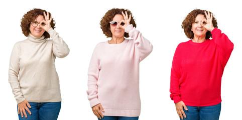 Poster - Collage of middle age senior woman wearing winter sweater over white isolated background doing ok gesture with hand smiling, eye looking through fingers with happy face.