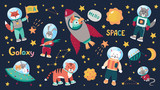 Fototapeta Fototapety na ścianę do pokoju dziecięcego - Space animal kids. Cartoon baby astronauts with stars and planets and spaceships. Vector doodle animals in cosmos space costumes set