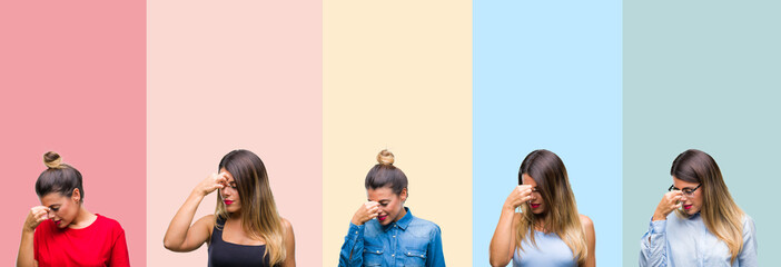 Wall Mural - Collage of young beautiful woman over colorful stripes isolated background tired rubbing nose and eyes feeling fatigue and headache. Stress and frustration concept.