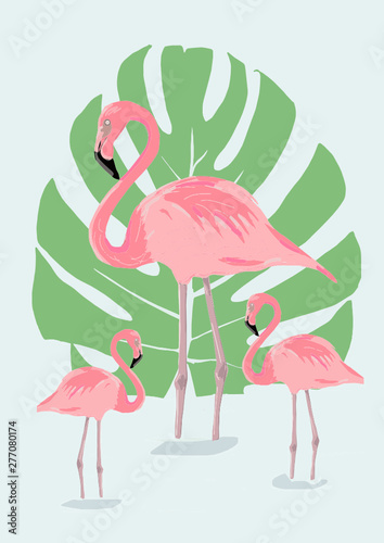 illustration of pink flamingo mother and child. tropical background