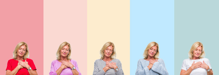 Sticker - Collage of middle age senior beautiful woman over colorful stripes isolated background smiling with hands on chest with closed eyes and grateful gesture on face. Health concept.