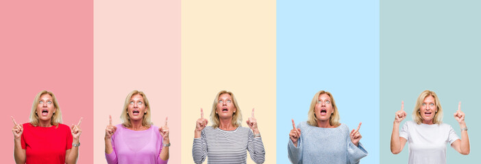 Poster - Collage of middle age senior beautiful woman over colorful stripes isolated background amazed and surprised looking up and pointing with fingers and raised arms.