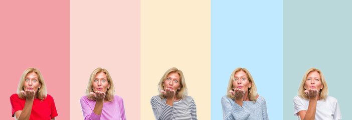 Canvas Print - Collage of middle age senior beautiful woman over colorful stripes isolated background looking at the camera blowing a kiss with hand on air being lovely and sexy. Love expression.