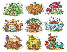 Cute Cartoon Elven, Fairy Or Gnome Houses In The Form Of Pumpkin, Tree, Teapot, Boot, Apple, Mushroom, Stump