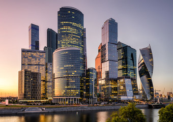 Wall Mural - Moscow International Business Center or Moskva-City at sunset, Moscow, Russia. It is a new district with skyscrapers in central Moscow. Panorama of modern tall buildings of Moscow-City in evening.