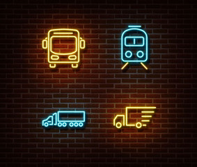 Wall Mural - Neon transport signs vector isolated on brick wall. Bus, train, truck delivery light symbols, transp