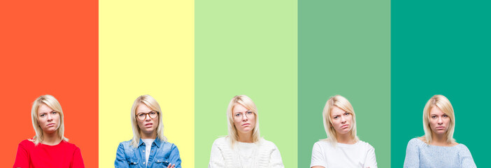 Poster - Collage of beautiful blonde woman over vivid vintage isolated background skeptic and nervous, disapproving expression on face with crossed arms. Negative person.