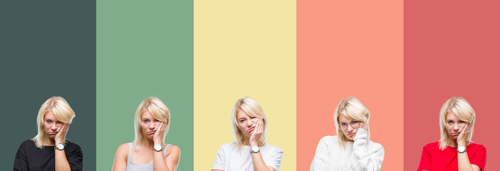 Poster - Collage of beautiful blonde woman over vintage isolated background thinking looking tired and bored with depression problems with crossed arms.