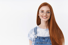 Joyful Outgoing Attractive Redhead European Girl Long Red Hairstyle Wear Glasses Smiling Cheerful, Listen Lively Conversation, Stand Carefree White Background, Small Talk Near University Campus