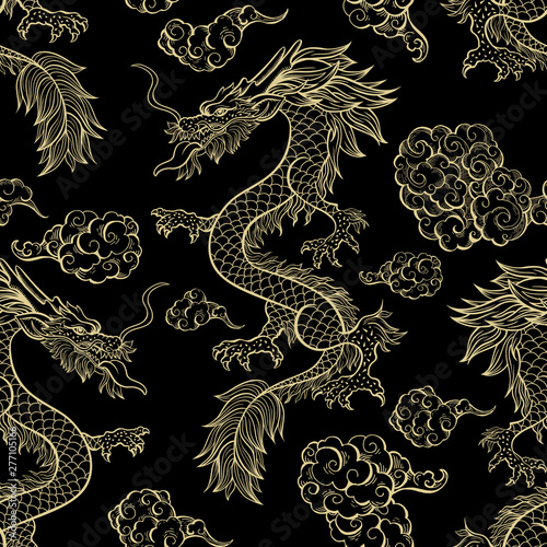 Oriental dragon flying in clouds seamless pattern Poster Mural XXL