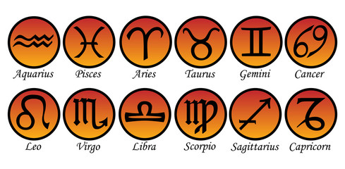 Wall Mural - Set of twelve signs of the zodiac on the background of gold circles. Prediction of the future. Illustration. Isolated on white background