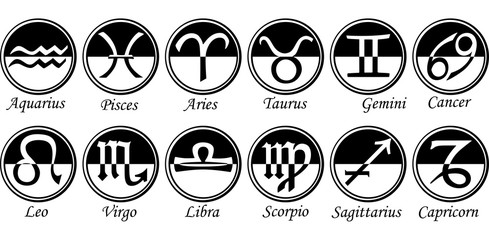 Wall Mural - Set of twelve signs of the zodiac on the background of gold circles. Prediction of the future. Illustration. Isolated on white background